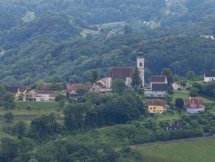 Church in a hilly landscape, Frauenberg pilgrimage church, view from the Kreuzkogel viewing