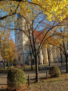 Church building in autumn surrounded by trees with yellow leaves and sunshine, nottuln,