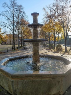 The water fountain, surrounded by autumn trees in the sunshine, creates a peaceful atmosphere,
