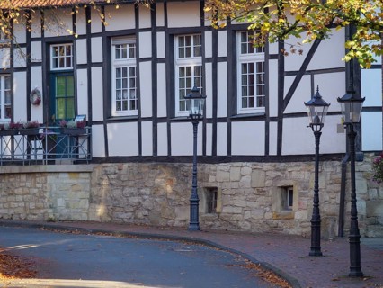 A historic half-timbered house with lanterns on a quiet street, surrounded by autumn trees and