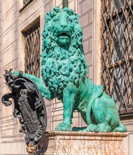 Bronze bavarian lion statue hoalding a shield