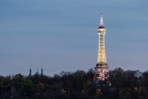 Lookout Tower on Petrin hill at dusk with the night illumination