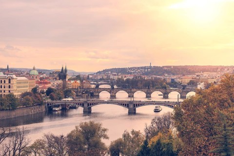 Aerial view from the Bridge tower on Charles Bridge and Prague Castle, Czech Republic, Europe