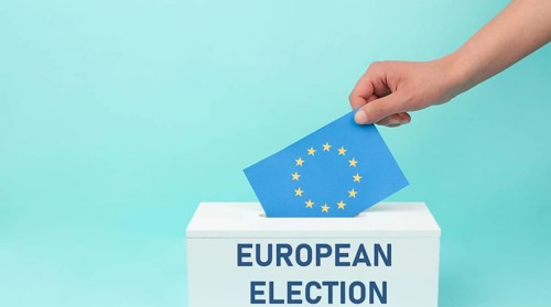 EU election, ballot box, european union flag, blue and yellow stars, citizens of Europe voting