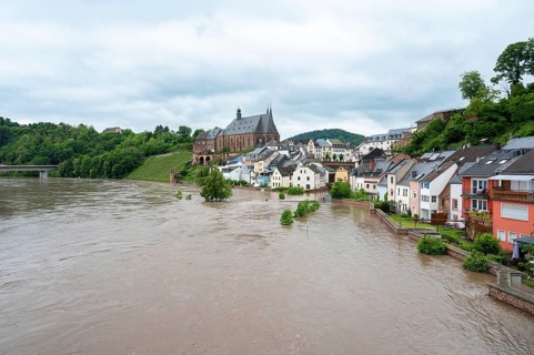 Flood of the river Saar, Saarburg in Saarland, Germany, flooded trees and paths, high water level,