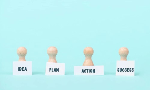 Idea, plan, action and success, next step in progress, new goal and strategy, vision a target,