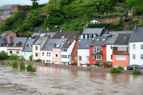 Flood of the river Saar, Saarburg in Saarland, Germany, flooded trees and paths, high water level,