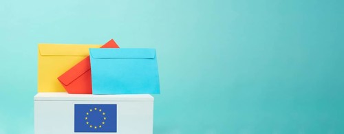 EU election, ballot box, european union flag, blue and yellow stars, citizens of Europe voting