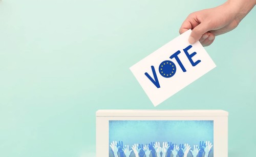 EU election, ballot box, european union flag, blue and yellow stars, citizens of Europe voting
