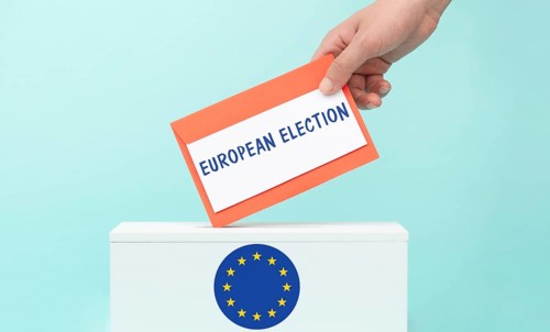 EU election, ballot box, european union flag, blue and yellow stars, citizens of Europe voting