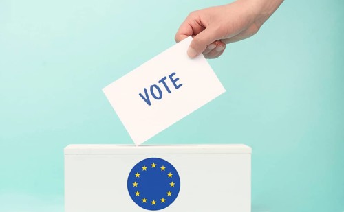 EU election, ballot box, european union flag, blue and yellow stars, citizens of Europe voting