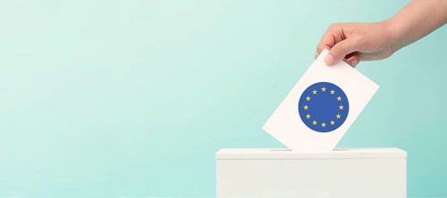 EU election, ballot box, european union flag, blue and yellow stars, citizens of Europe voting