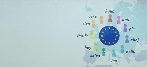 Languages and world map, word hello in different language spoken in Europe, concept of multilingual
