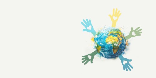 World population day, hand with heart around the globe, international equality, friendship and