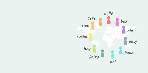 Languages and world map, word hello in different language spoken in Europe, concept of multilingual