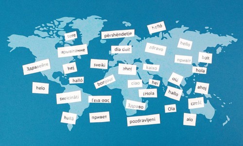 Languages and world map, word hello in different language spoken in Europe, concept of multilingual