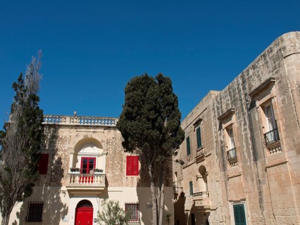 View of a square with historic buildings and red shutters, accompanied by trees under a cloudless