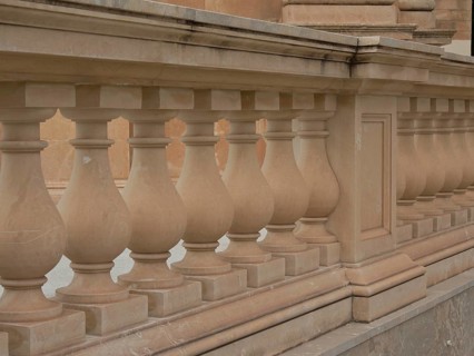 Detail of a classically designed stone balustrade from a building, marsaxlokk, mediterranean sea,