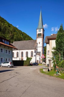 Church of St Wendelin against a blue sky in the historic district of Geschwend, Todtnau, Black