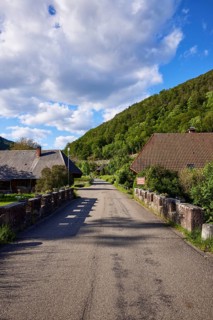 Old bridge with stone walls, flower boxes, road and Black Forest houses in the historic district of