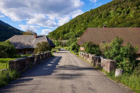 Old bridge with stone walls, flower boxes, road and Black Forest houses in the historic district of