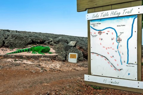 Sign with site plan overview map plan for hikers tourists at the beginning of Boka Tabla Hiking