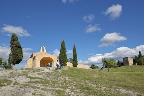Chapelle Saint-Sixte, chapel with cypresses and tower, Eygalières, Alpilles, Alpilles,