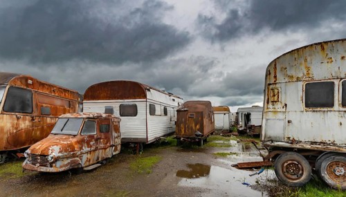 Abandoned caravans and vehicles under a gloomy, cloudy sky, rainy and desolate atmosphere, symbolic