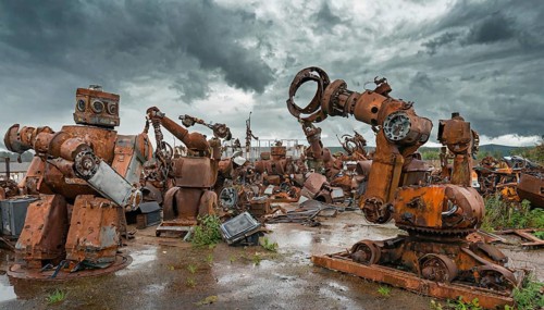 Rusty robots and machines stand haphazardly in an abandoned junkyard under a threatening sky,