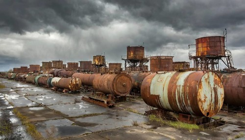 Rusted tanks and pipes in a scrapyard under dark rain clouds, symbol photo, AI generated, AI