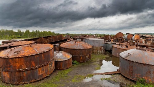 Rusty tanks on a scrap yard, surrounded by green meadow and cloudy sky, symbol photo, AI generated,