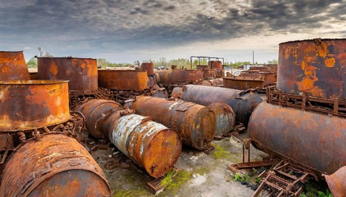 Rusted tanks and metal parts in a scrap yard under a cloudy sky, symbol photo, AI generated, AI