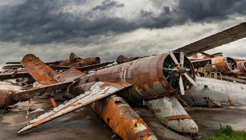 A rusty old aeroplane with propeller standing abandoned in a deserted area under a cloudy sky,