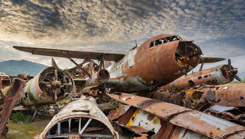 A broken and rusty aircraft wreckage, the parts scattered in front of a dramatically cloudy sky,