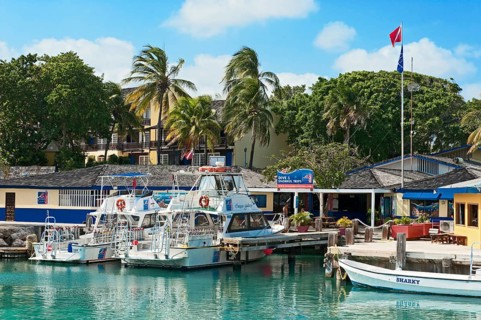 View of moored boats Dive boats moored in front of dive centre, Caribbean, Leeward Islands,