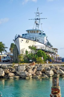 On small island accessible via short bridge installed on dry land at the entrance entrance area of
