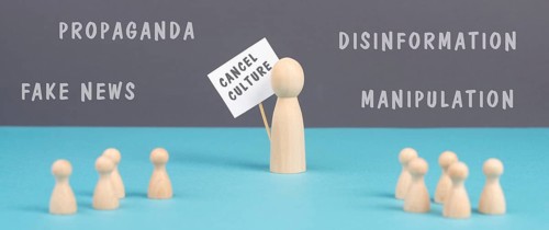 Cancel culture protest, disinformation, facts and fake news, conspiracy theory concept, media and
