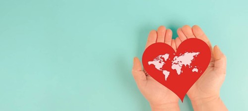 Red heart with world map, awareness of heart disease, humanitarian help, blood donor day, charity,