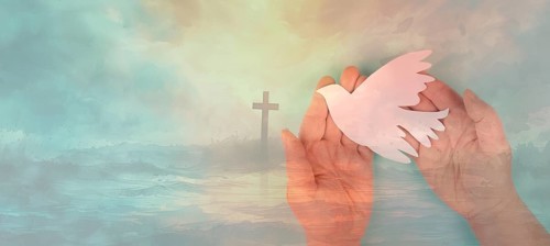 Pentecost sunday, dove and religious cross, Holy Spirit, Jesus Christ, Christianity, belief and