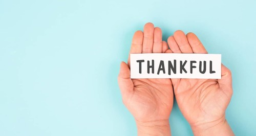 Thankful sign in hand, thank you, support, help and charity concept, positive attitude