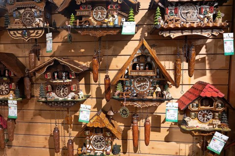 Cuckoo clocks in a shop in the Black Forest, Lake Titisee Neustadt in Germany, traditional craft,