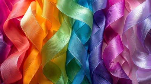 Variety of colorful ribbons including blue, green, yellow, pink, and purple, arranged closely with