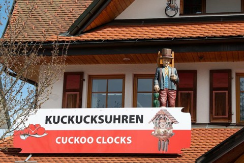 Cuckoo clocks in a shop in the Black Forest, Lake Titisee Neustadt in Germany, traditional craft,