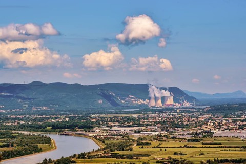Cooling towers of the nuclear power plant in Cruas, in the Département Ardèche, in the