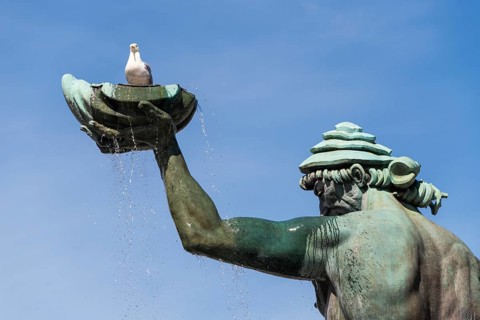 Bronze figure of Poseidon, god of the sea, by Carl Milles, fountain at Gotaplatsen, Gothenburg,