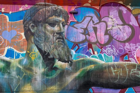 God of Greek mythology, Zeus, large graffiti on building fence, harbour, Gothenburg, Västra