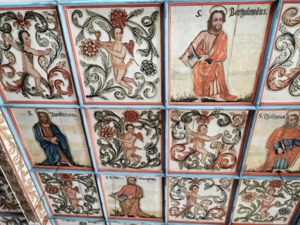 Church ceiling, painting with biblical scenes, late Gothic St Vitus and St Michael's Church,