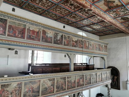 Church ceiling and gallery, painting with biblical scenes, late Gothic St Vitus and St Michael's