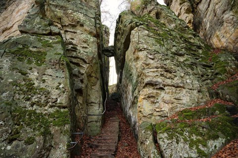 Devil Gorge at the Eifel, Teufelsschlucht with mighty boulders and canyon, hiking trail in Germany,
