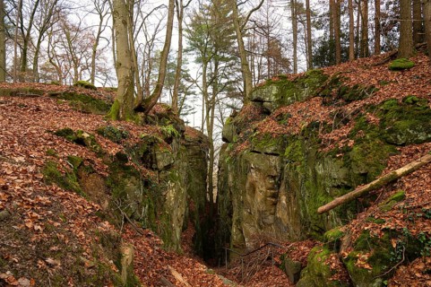 Devil Gorge at the Eifel, Teufelsschlucht with mighty boulders and canyon, hiking trail in Germany,